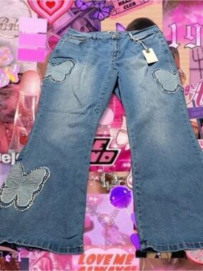 Y2K Aesthetic Denim Patchwork Butterfly Accent Bootcut high rise Jeans